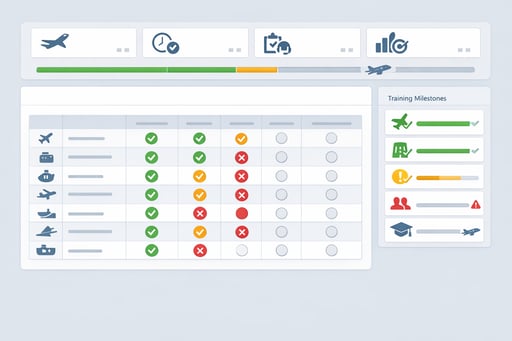 Clean FlightLogger dashboard interface displaying student progress tracking with lesson completion status and training milestone indicators