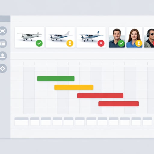 Centralized flight school scheduling dashboard displaying real-time aircraft availability and instructor assignments across multiple training locations