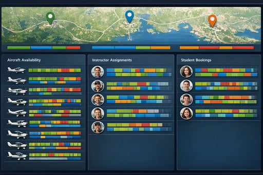 FlightLogger centralized scheduling dashboard displaying multi-campus aircraft availability, instructor assignments, and student bookings across locations