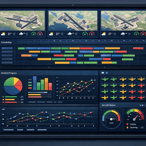 FlightLogger multi-campus dashboard displaying centralized scheduling, student progress tracking, and aircraft availability across multiple training locations
