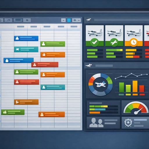 FlightLogger flight school management dashboard displaying real-time scheduling, aircraft availability, and student training progress metrics