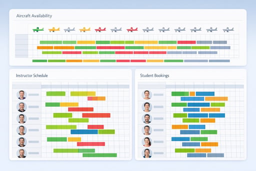 FlightLogger centralized scheduling dashboard showing aircraft availability, instructor assignments, and student bookings in a clean interface