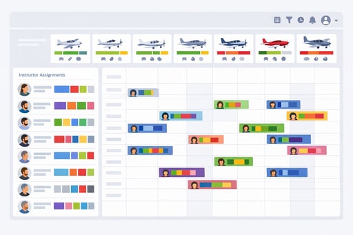 FlightLogger centralized scheduling dashboard showing aircraft availability, instructor assignments, and student bookings in a clean unified interface