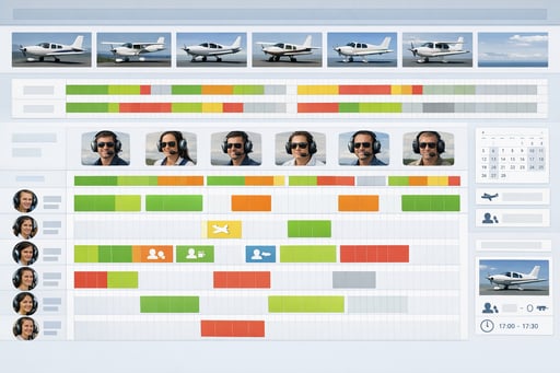 FlightLogger centralized scheduling dashboard showing aircraft availability, instructor assignments, and student bookings in a clean, intuitive interface