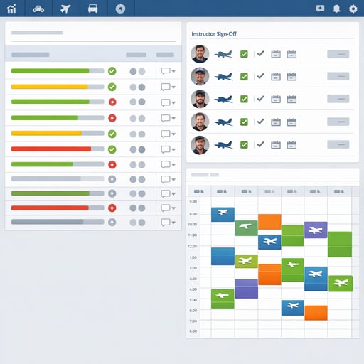 FlightLogger platform interface showing student training milestone tracker with instructor sign-off records and integrated scheduling calendar