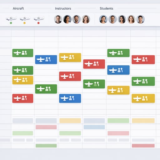 Clean dashboard interface showing centralized flight school scheduling with aircraft availability, instructor assignments, and student bookings in a unified calendar view