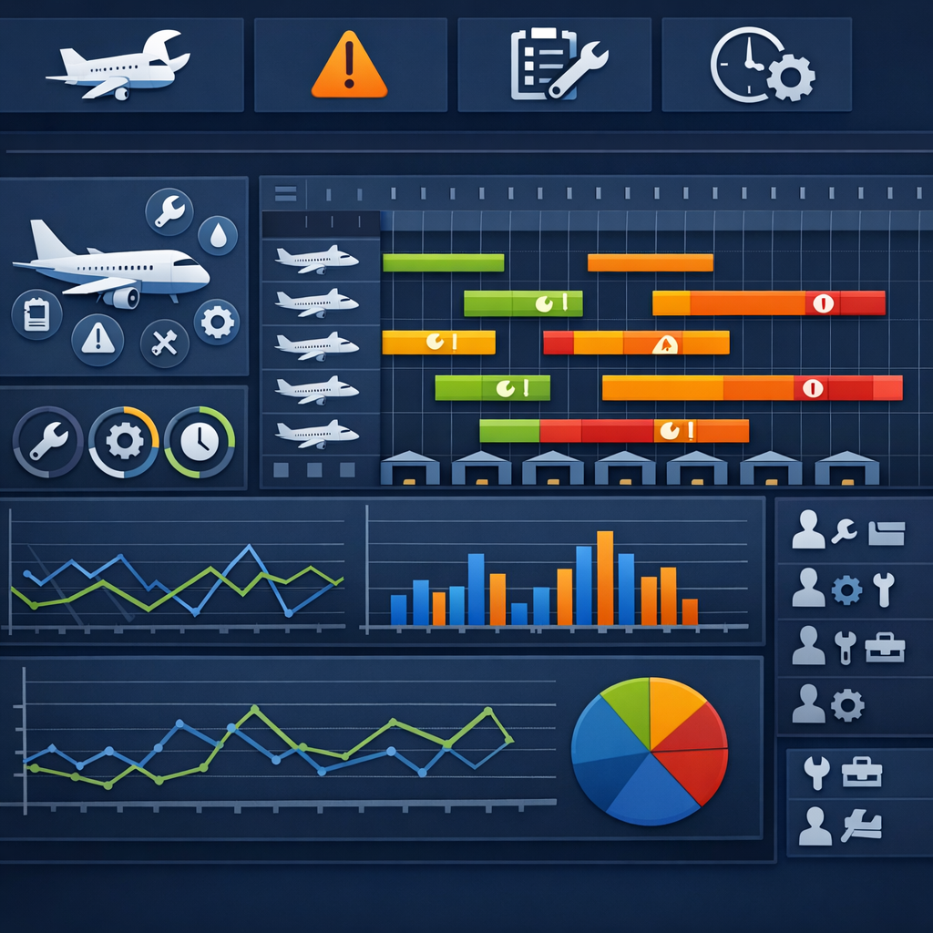 Clear aircraft maintenance coordination dashboard showing scheduling integration