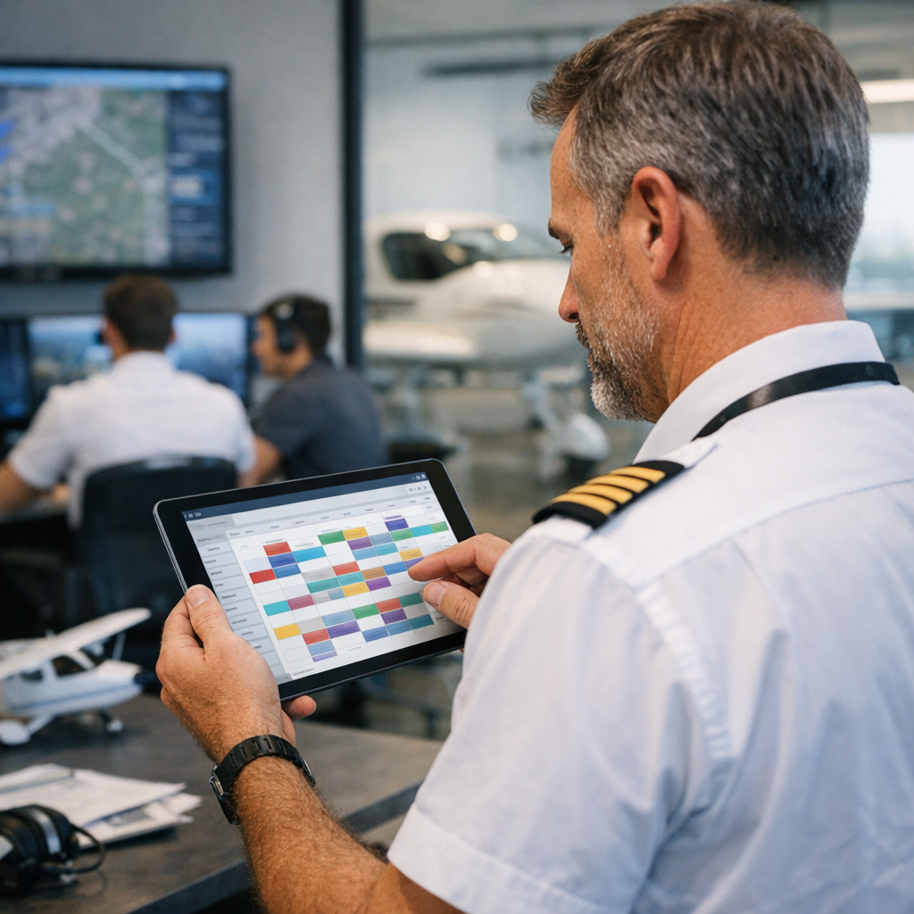 Flight instructor reviewing centralized scheduling system on tablet in modern flight school environment Flight instructor reviewing centralized scheduling system on tablet in modern flight school environment