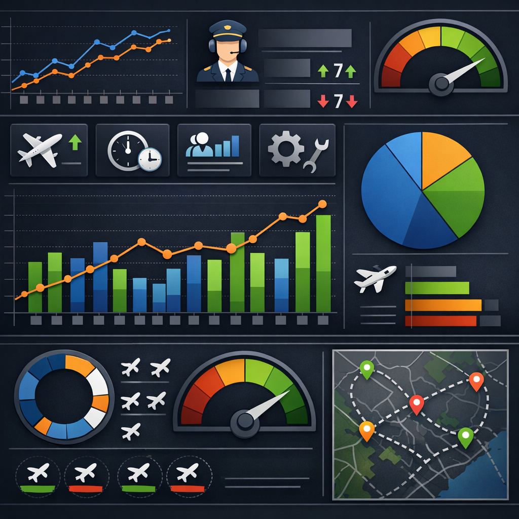 Clear operational reporting dashboard showing flight school performance metrics