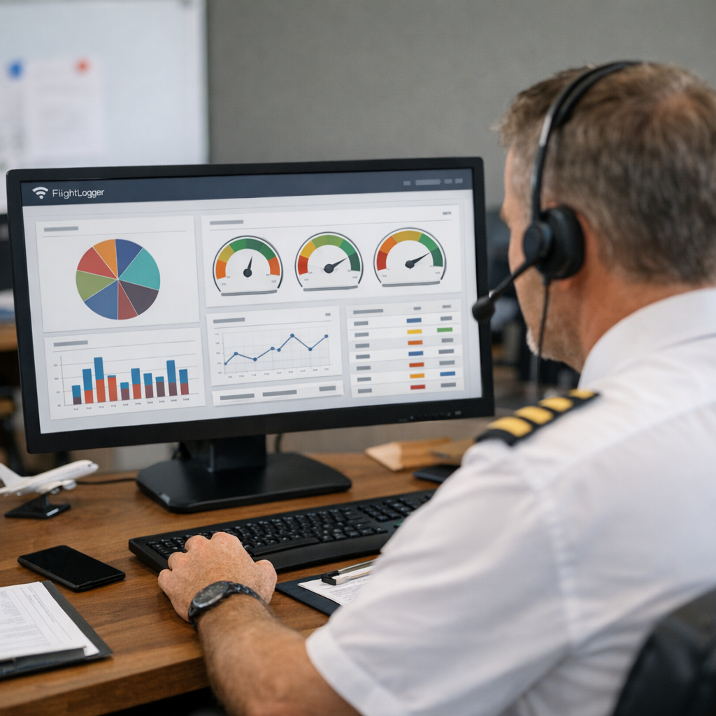 Flight training manager reviewing operational efficiency metrics on FlightLogger platform Flight training manager reviewing operational efficiency metrics on FlightLogger platform